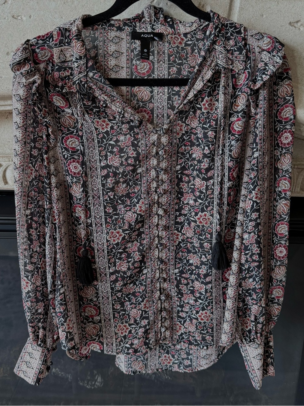 Aqua Black Floral Button-Front Boho Blouse with Tassels